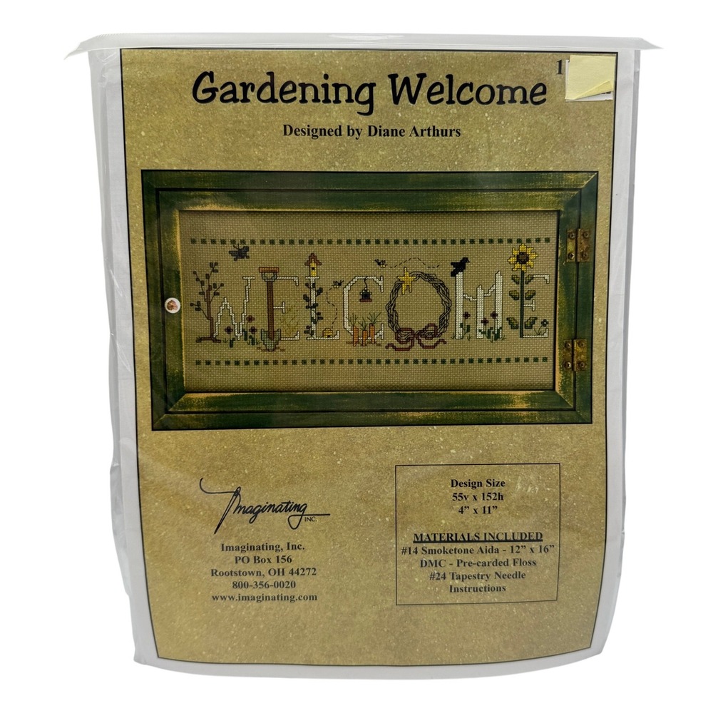 Imaginating Gardening Welcome Cross Stitch Kit Diane Arthurs Smoketone Aida DMC